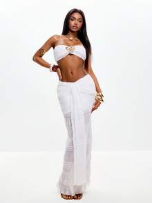 Coolane Women's Spring/Summer Chic Vacation Outfits Cable-Knit Metal Flowers Pleated White Long Suit Set - White - View 3