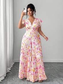 Elenzga 大码女士优雅休闲沙滩度假简约V领荷叶袖收腰显瘦长款印花连体裤 - 粉色 - 查看 3