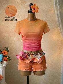 SaltGleam SaltGleam 女士夏季休闲上衣，网纱透视渐变水钻印花圆领短袖衬衫，侧边褶皱腰身修身款，女士圆领吊带背心，女士性感上衣，女士度假装，女士休闲装，亮片上衣，适合夏季，性感，度假，休闲 - 彩色 - 查看 6