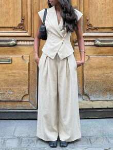 Lumalex VITNOS 春季杏色收腰无袖西装外套和阔腿褶裥西装裤两件套 - 杏色 - 查看 2