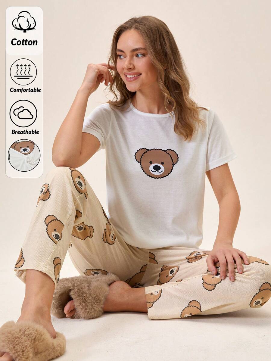 Loomlin Women Cotton Bear Printed Regular Home Wear Set - Beige - View 1