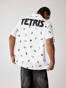 Tetris™ X SHEIN Men's Geometric Pattern Short Sleeve Single-Breasted Casual Pocket Shirt, - White - View 2
