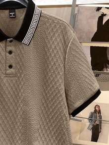 Manfinity Joysei Plus Size Men's Contrast Trim Textured Short Sleeve Polo Shirt - Khaki - View 4