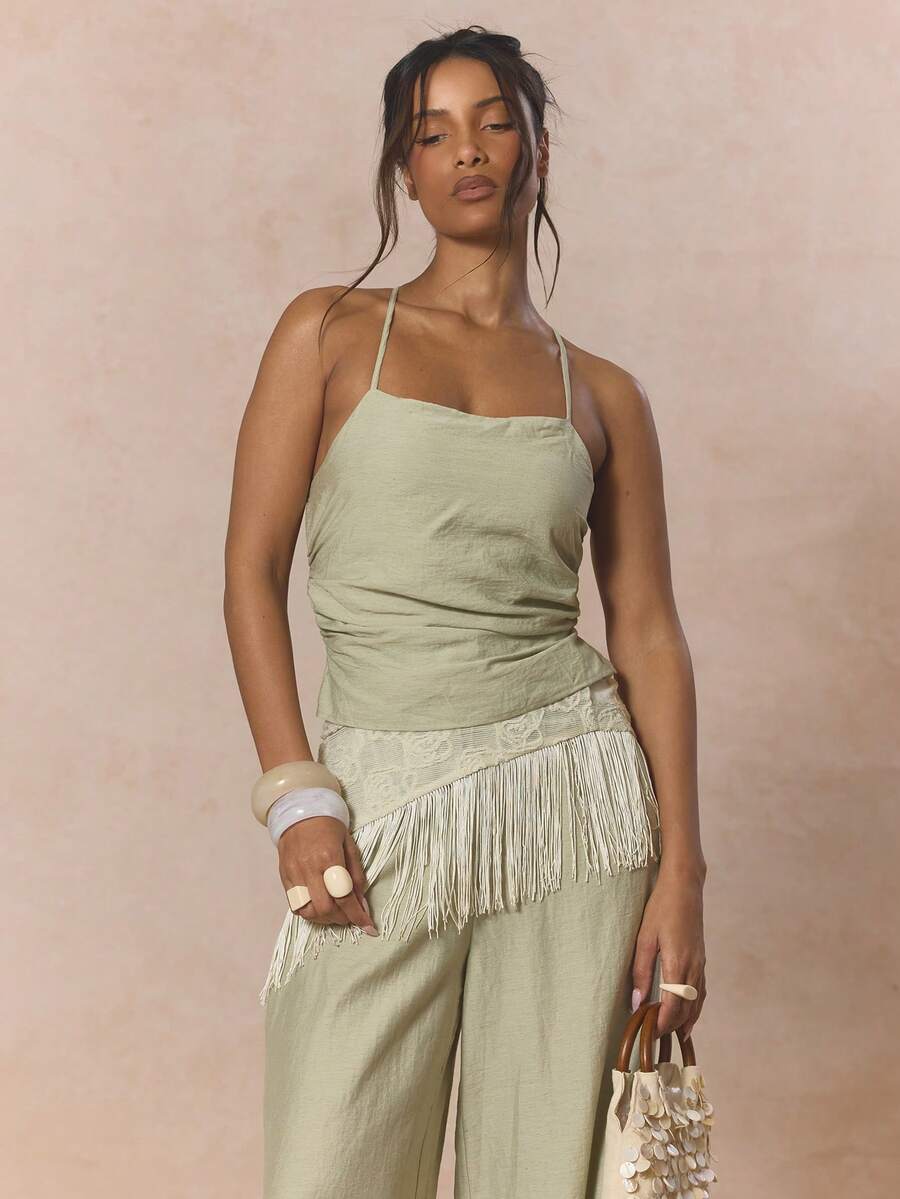 MUSERA Top de lino con cuello recto, drapeado, espalda abierta y lazo. Top coordinado solo, lindo para primavera, vacaciones, estilo femenino, azúcar y sal, verano - verde menta - Ver 1
