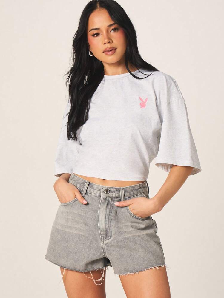 Missguided x Playboy Women's Cropped Boxy Tee With Pink Bunny Logo Short Sleeve Crew Neck Grey Cotton T-Shirt Casual Summer