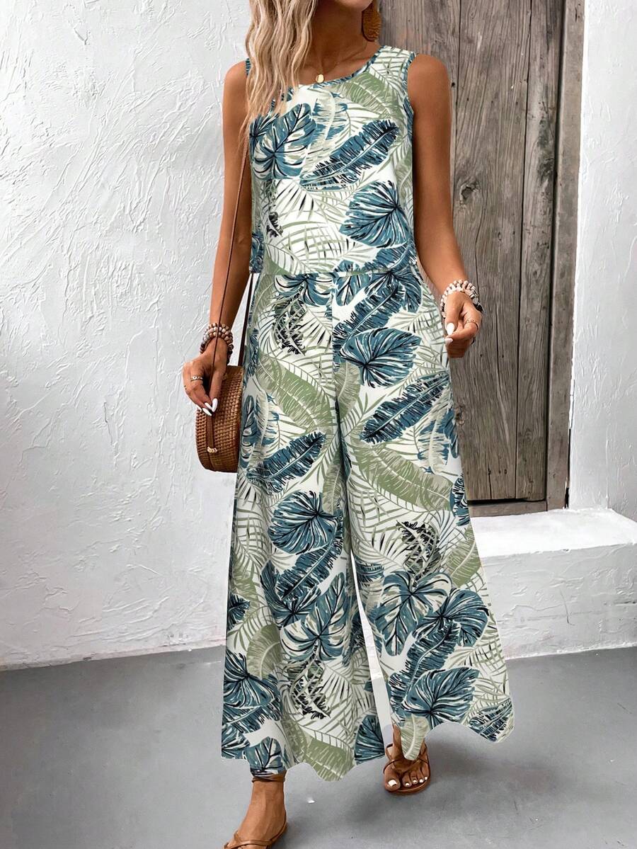 EMERY ROSE 波西米亚风复古印花圆领露脐上衣和阔腿裤，女士夏季沙滩度假两件套 - 彩色 - 查看 1