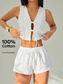 SHEIN PETITE Women's 100% Cotton 2 Pieces Set White Summer Boho Vacation Holiday Solid Color Tie Front Cropped Sleeveless Top And Shorts Casual Co Ord Outfit - White - View 4