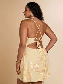 SHEIN BAE Plus Size Women's Sexy Vacation Style Yellow Beaded Embroidered Tie-Up Backless Camisole Dress,Yellow Bodycon Backless Tie Strap Sequin Mermaid Hem Mini Dress, Tight Fitting Scoop Neck Sleeveless Short Dress For Summer Beach Vacation - Pale Yellow - View 2