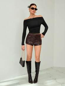 SHEIN Tall Women's Brown Sequin Shorts,Seductive Shiny Sparkly Burgundy Shorts,Summer Night Club Wear For Night Out,Christmas,New Year Party & Concert, Tall Women - Brown - View 9