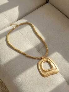 Resyla 1pc Matte Gold/Silver Asymmetric Hollow Square Pendant Necklace With Thick Cord, Suitable For Women's Daily Wear, 18 Inches + 2 Inches Extension Chain - Gold - View 1