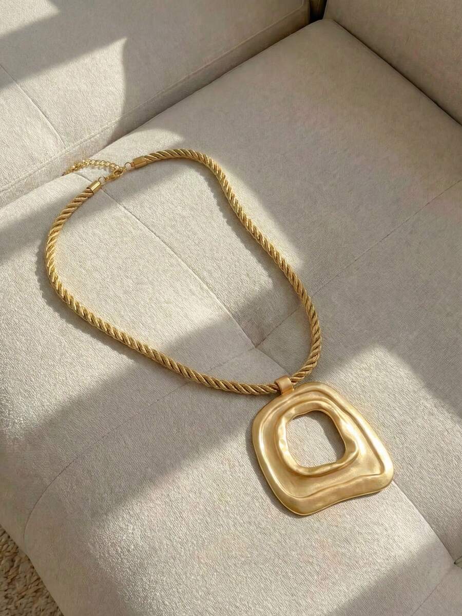 Resyla 1pc Matte Gold/Silver Asymmetric Hollow Square Pendant Necklace With Thick Cord, Suitable For Women's Daily Wear, 18 Inches + 2 Inches Extension Chain - Gold - View 1