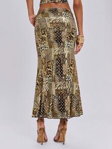 ROMWE Y2K Animal Print Metallic Sexy Beach Vacation Style Ruffle Hem Bodycon Skirt For Women - Gold - View 3