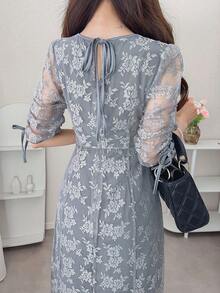 FRIFUL 女士圆领全蕾丝优雅通勤A字连衣裙，夏季长款连衣裙 - 灰色 - 查看 7