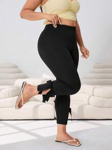 Solflare Plus Size Women's Solid Color Bow Decor Capri Pants, Spring/Summer - Black - View 3