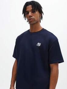 SUMWON Navy Blue Short Sleeve Crew Neck T-Shirt And Matching Shorts Two Piece Co-Ord Set With Varsity Number Print - Navy Blue - View 3