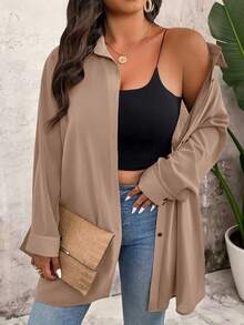 EMERY ROSE Plus Size Women Casual Loose Long Chiffon Blouse, Sheer, Suitable For Summer Fall Cloth For Women - Khaki - View 3