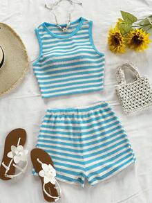 Soleia 两件套女士度假蓝白针织纹理抹胸上衣配蝴蝶结和松紧腰短裤套装 - 藍白色 - 查看 3