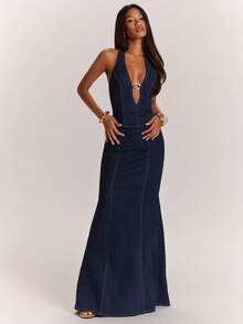 SHEIN BAE Women's Deep V-Neck Metal Linked Sexy Halter Denim Top,Denim Top,Denim Vest,Jean Top,Cowgirl Outfits For Women,Western Outfits For Women,Festival Outfits For Women,Denim Top,Denim Shirt,Summer Outfit For Women,Casual Dress For Women ,Work Tops For Women,Summer Tops For Women,Tops For Going Out - Dark Wash - View 6