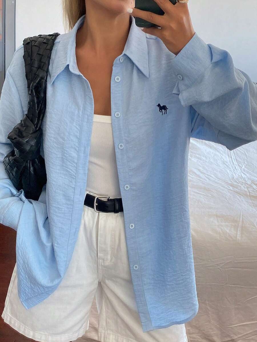 DAZY 女士动物纹单排扣休闲百搭日常长袖衬衫 - 白色 - 查看 1