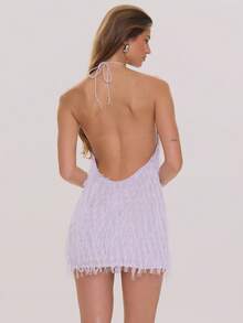 MUSERA 高领羽毛修身迷你连衣裙，春夏优雅婚礼宾客度假假日场合蜜月咖啡馆 - 淺灰紫 - 查看 4