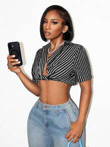 BamGleam 女士条纹扭结多功能通勤衬衫 - 黑色 - 查看 4