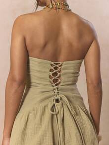 MUSERA 无肩带抹胸修身蓬蓬裙迷你短款连体裤，可爱春日假日少女风糖盐 - 卡其色 - 查看 2