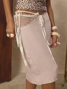 MUSERA Lace Waist Panel Tie Detail Satin Midi Skirt Cute Spring Holiday Girly Sugar Salt - Baby Pink - View 5