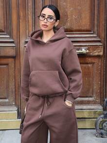 Yassique Bộ áo hoodie lót giữ nhiệt và quần nỉ dáng rộng thoải mái cho nữ mùa thu/đông - màu nâu - Xem 5