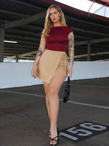 Arliah 毕业装休闲百搭吊带不对称下摆新款夏装卡其色纹理宽面料短裙女装裙子女装夏装夏装下装美拉德风格休闲装春季 - 棕色 - 查看 5