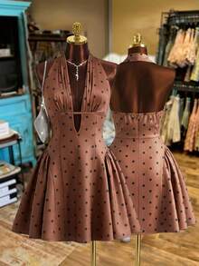 Pariaura 2026 New Women's Satin Polka Dot Halter Neck Backless Mini Dress - V-Neck Ruched Flared Hem Spring Summer Party Dress - Brown - View 3