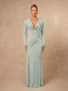 Lumalex 女士优雅垂褶领口修身鱼尾裙摆连衣裙 - 綠色 - 查看 8