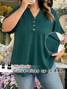 SHEIN CURVE+ Áo thun nữ tay ngắn cổ chữ V trơn màu cỡ lớn/2026/Năm mới - Màu xanh lá cây đậm - Xem 1