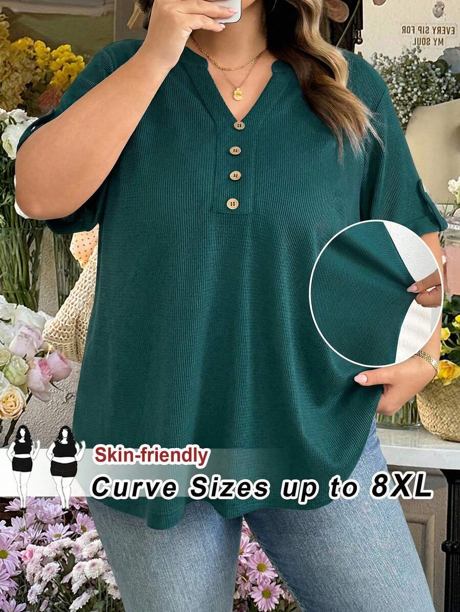 SHEIN CURVE+ Áo thun nữ tay ngắn cổ chữ V trơn màu cỡ lớn/2026/Năm mới - Màu xanh lá cây đậm - Xem 1