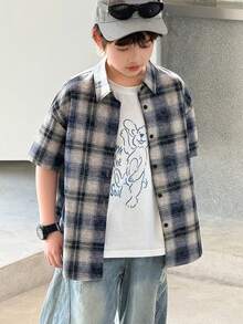DAZY Tween Boy Plaid Short Sleeve Single-Breasted Casual Loose Shirt Summer - Blue - View 5