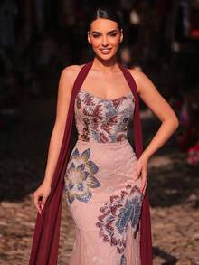 Glamrae Elegant Luxurious Colorful Beaded Sequin Embroidered Shoulder Strap Mermaid Dress With Detachable Jacket,Heavy Embellishment Formal Wedding Gala Gown - Multicolor - View 7
