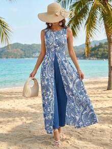 Ellevyn 女士优雅度假印花裹身圆领连体裤 - 彩色 - 查看 6