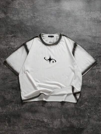 ROMWE MEN Men's Casual Handpainted Loose Fit Round Neck Short Sleeve T-Shirt, Summer