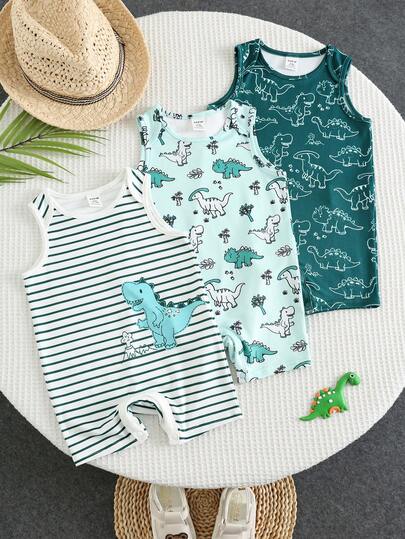 SHEIN 3件套新生儿男女通用婴儿服装，买一送二，可爱无袖恐龙印花连体衣，适合男宝宝，基础款恐龙婴儿服，休闲卡通恐龙3件套连体衣，适合生日派对、婚礼、婴儿派对等场合。