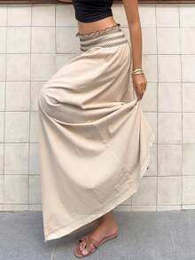 Serisse Women's Pleated Patchwork Color Casual Versatile Daily Wear Skirt - Apricot - View 7