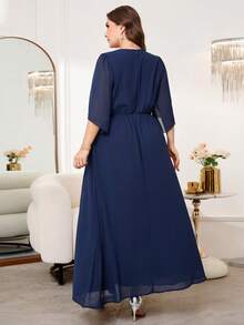 Reflora Đầm nữ cỡ lớn màu trơn đính đá, thiết kế eo, tay xòe, kiểu dáng thanh lịch. - Màu xanh hải quân - Xem 2