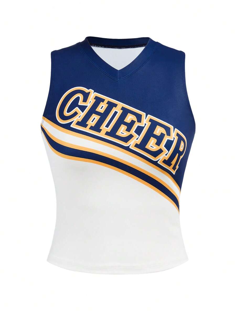 Cheerettes Women's Letter Print Contrast Color V-Neck Sports Tank Top - Blue and White - View 1