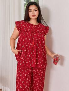 SHEIN Bộ đồ ngủ quần dài buộc cổ họa tiết hoa xếp nếp cỡ lớn, tua rua trang trí, áo dệt kim và quần dài, trang phục - Đỏ - Xem 5
