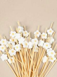 50/100Pcs Bamboo Pick Sweet Daisy Theme Flower Fruit Fork, Party Dessert Salad Stick Cocktail Skewer, Wooden Picks Wedding Birthday Party Supplies - Multicolor - View 3