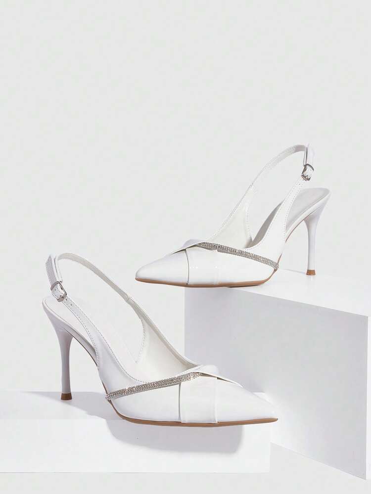 CUCCOO SZL Women Shoes Pointed Stiletto White Rhinestone Decoration Fashion Sexy Wedding Banquet Party Women's High Heel Shoes After Lifting Slingback Women's Shoes Spring Shoes