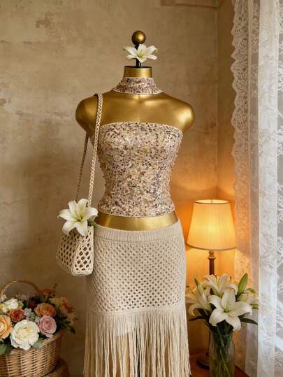 Bluhae Damen Pailletten-Bandeau-Top, elegante Strandmode für den Sommer