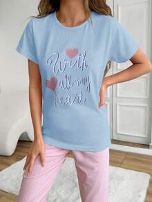 EURMUSE Cotton Women 2 Pcs Contrast Colour Slogan Printed Short Sleeve Shirt And Printed Capri Bottom Pj Set - Baby Blue - View 5