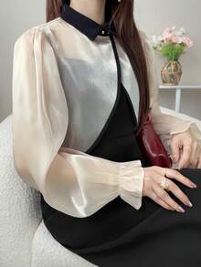 女士交叉裹身罩衫，撞色吊带背心搭配阔腿连体裤，两件套家居服套装 - 黑色 - 查看 2