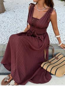 DAZY 沙滩派对度假装扮 夏季酒红色无袖收腰蕾丝拼接中长连衣裙 女士吊带裙 - 紅木色 - 查看 6