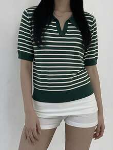 DAZY Áo polo tay ngắn kẻ sọc kiểu dáng thường ngày dành cho nữ, thích hợp cho mùa xuân và mùa hè. - màu xanh lá - Xem 3