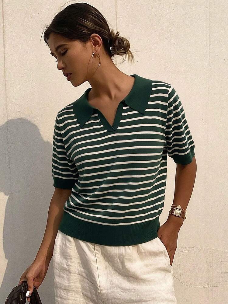 Striped Polo Collar Short Sleeve Casual Knit Top For Women, Spring & Summer